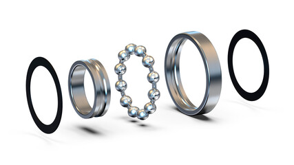 Radial ball bearing disassembled. Ball bearing assembly. 3D rendering.