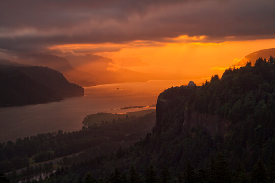 Warm morning sunlight breaks through in the Columbia River Gorge