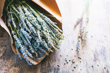 Dried lavender flowers and bouquet with lavender