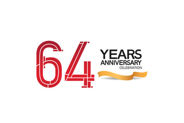 64 years anniversary template with red color number and golden ribbon. vector can be use for template, company special event and celebration moment