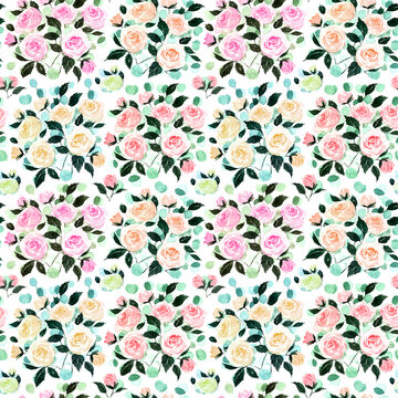 seamless pattern of multicolored roses painted in watercolor