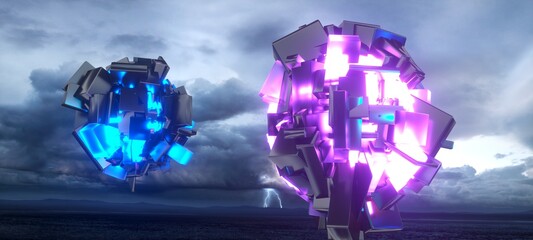 Render of a Blue and purple neon glowing objects against grey stormy sky. Sci-fi futuristic 3D illustration. Fantastic wallpaper. Alien landscape.