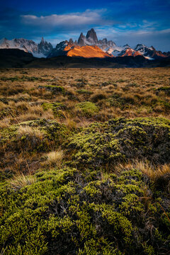 First light hits Cerro Torre and Mount Fitz Roy in Los Glacieres National Park, Argentina.