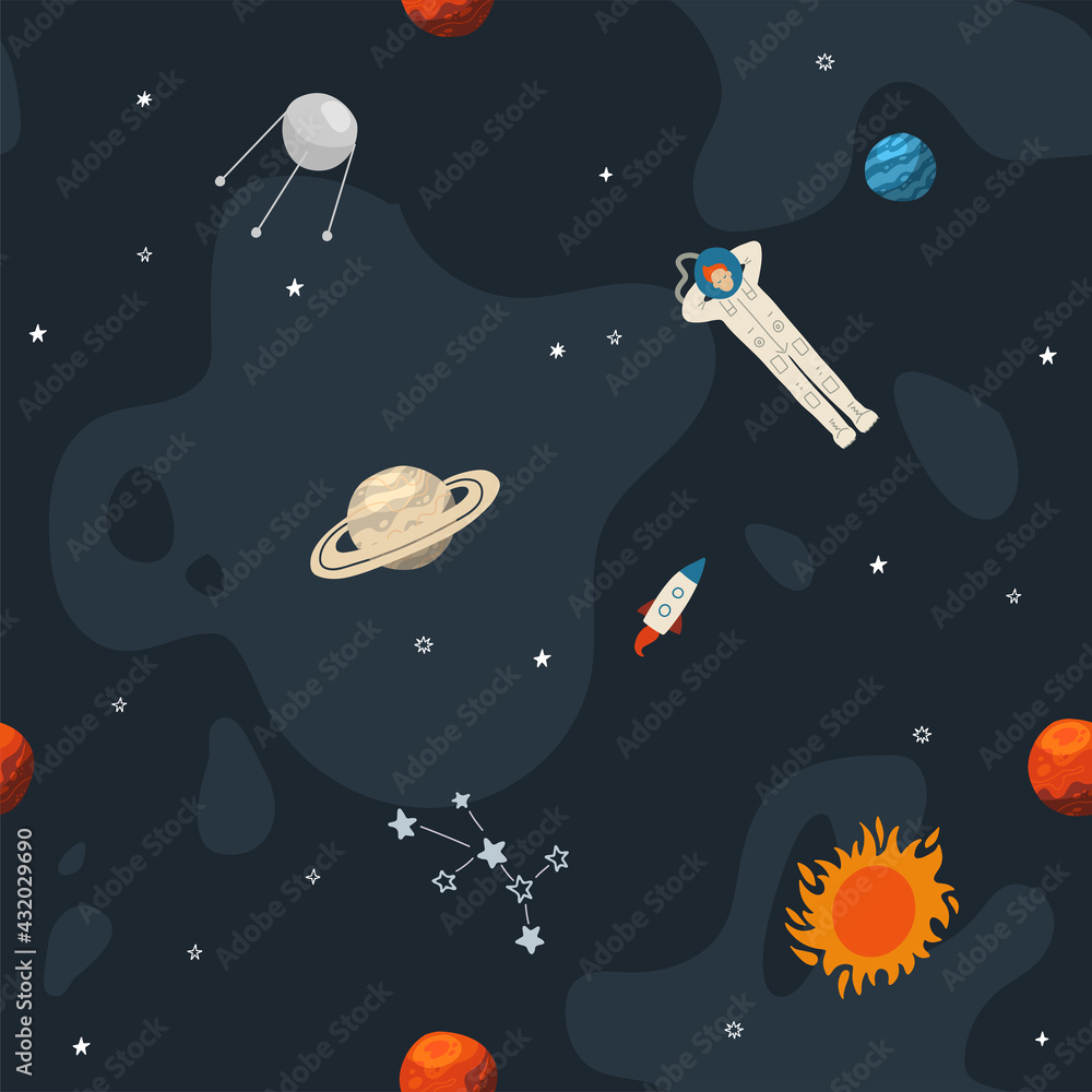 Aufkleber seamless cute space seamless pattern with lonely astronaut between planets and rockets. empty space.