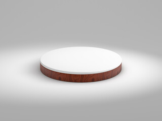 Abstract minimal scene. Cylinder wood podium stage on a white background  for show product cosmetic presentation, 3d render.