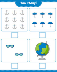 Counting game, how many Globe, Umbrella, Sunglasses, and Anchor. Educational children game, printable worksheet, vector illustration