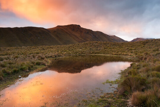 Sunset over a small pond along the Inca Trail, Ecuador.