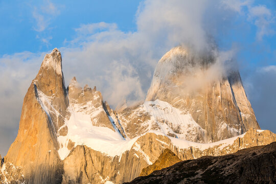 Patagonia, Argentina - A close view of Mt. Fitz Roy and Poincenot cloaked in clouds.