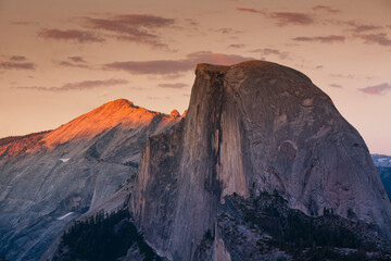 Half Dome at sunset in Yosemite National Park in California's Sierra Nevada mountain range.