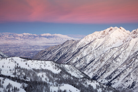 Winter landscape image of Little Cottonwood Canyon and Salt Lake Valley.