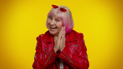 Villain idea. Cunning sneaky rocker mature granny woman with tricky face conspiring scheming,...