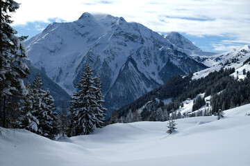 Landscape at Penken ski resort in Zillertal in Tyrol. Austria in winter in Alps. Alpine mountains with snow. Blue sky and white slopes.