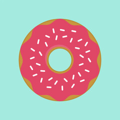 Donut Flat Design Dessert Icon. Cute, colorful and glossy donuts with pink glaze and white powder. 