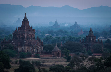 Sunrise revealing Multiple temples of Bagan, Myanmar.