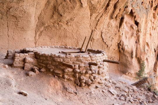 The reconstructed Alcove House in the tuff cliffs of Frijoles Canyon, Bandelier National Monument, New Mexico
