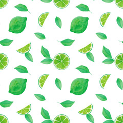 Summer seamless pattern with lime. Watercolor illustration. Food illustration for print, fabric, background. Fruit mix design for fabric and decor.