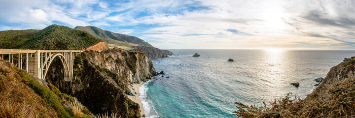 The Bixby Creek Bridge with it's famous back drop of the Pacific Ocean along California's dramatic Big Sur coast.