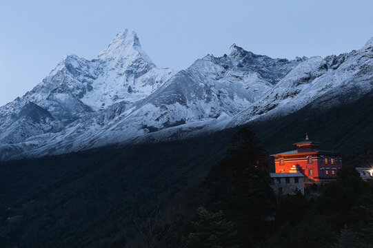 Tengboche Monastery is a Tibetan Buddhist monastery of the Sherpa community which is draped with a panoramic view of the Himalayan Mountains.