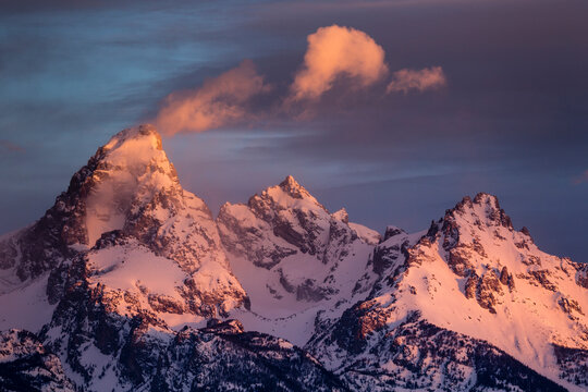 Wind and snow blow from the highest altitudes on the Grand Teton in Grand Teton National Park, Wyoming.