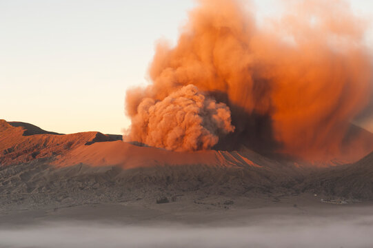 Mount Bromo (Gunung Bromo) spewing ash and smoke in Bromo-Tengger-Semeru National Park on the island of Java in Indonesia