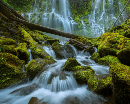 A massive waterfall over vibrant green moss in the Cascades rainforest, Oregon.