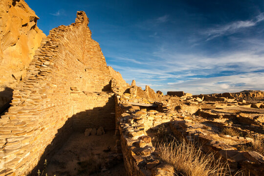 The ruins at Pueblo Bonito in Chaco Culture National Historic Park, New Mexico stretch out into Chaco Canyon.