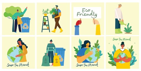 Set of eco save environment pictures. People taking care of planet collage. Zero waste, think green, save the planet, our home hand written text