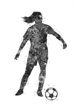 Soccer Player girl black and white watercolor art, abstract sport painting. sport art print, watercolor illustration artistic, greyscale, decoration wall art.