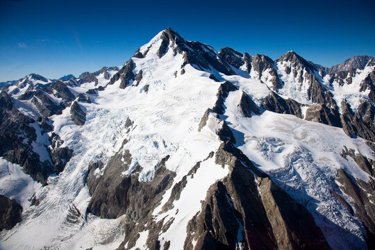 The rugged peaks of New Zealand's Southern Alps in Mt. Cook National Park as seen from a helicopter.