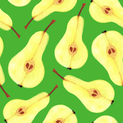 Sliced pear watercolor seamless pattern on green background. Fresh garden fruit watercolor illustration for print design, invitation, card, wallpaper.