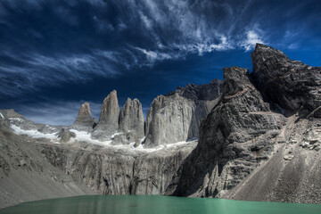 The iconic peaks of Las Torres in Torres del Paine National Park in Patagonia, Chile.