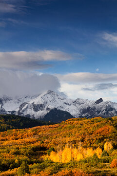The Mt. Sneffels range towers above a valley filled with autumn color at Dallas Divide near Ridgway, Colorado