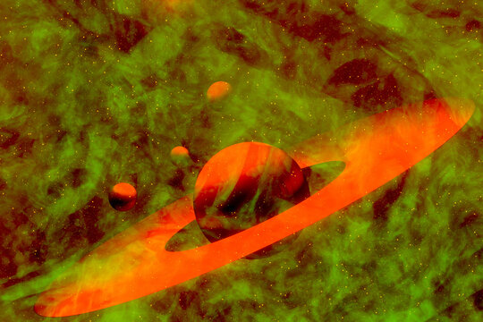 Red planets with ring of asteroids in green neon plasma space. 3D rendering. .