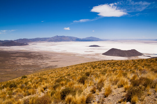 The northern edge of the Salar de Uyuni on Bolivia's Altiplano has islands surrounded by the world's largest salt flat.