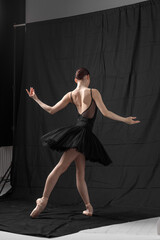 Young beautiful skinny ballerina is posing in studio