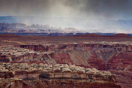 Views of the Needles and Maze districts as seen from the Murphy Hogback campsite on the White Rim Trail in Canyonlands National Park, Utah.