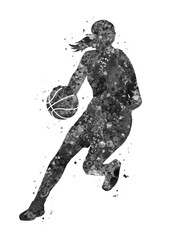 Basketball player girl black and white watercolor art, abstract sport painting. sport art print, watercolor illustration artistic, greyscale, decoration wall art.