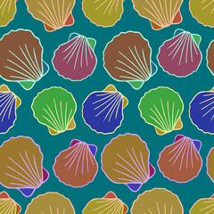 Decorative seamless elegant pattern design of seashells in bright tones