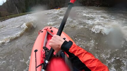 Extreme rafting in small boats on mountain river
