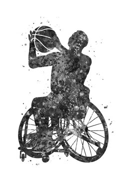 Wheelchair Basketball Man Black And White Watercolor Art, Abstract Sport Painting. Sport Art Print, Watercolor Illustration Artistic, Greyscale, Decoration Wall Art.