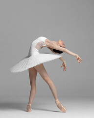 Young beautiful skinny ballerina is posing in studio