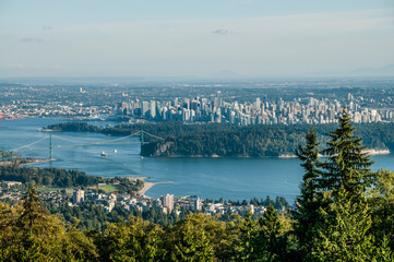 A view of North Vancouver, Lion's Gate Bridge, Stanley Park, Vancouver downtown, Canada