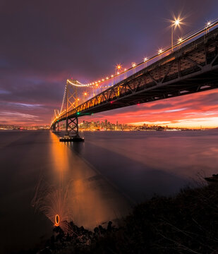 San Francisco and The Bay Bridge. Beautiful sunset burn from Treasure Island.