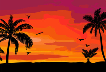 Obraz na płótnie Canvas Silhouette palm sunset hand drawn, great design for any purposes. Yellow and orange background. Sketch drawing. Nature illustration. Poster banner design.