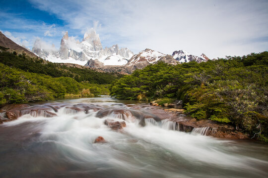 Patagonia, Argentina - A view of Fitz Roy from Rio del Salto on a beautiful summer morning.