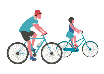 Dad, Daughter ride bicycle flat color vector. Father, baby kid cute cartoon design element. Family active sport leisure activity. Parent, child together summer adventure outdoor bicycling illustration