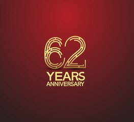 62 years golden anniversary logotype with labyrinth style number isolated on red background. vector can be use for template, company special event and celebration moment