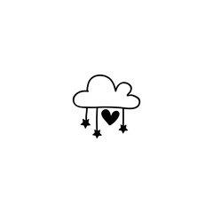 Single hand drawn cloud with stars and heart. Doodle vector illustration. Isolate on a white background
