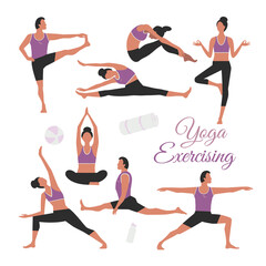 Yoga Stretches Exercising vector icon set. Fit woman, man doing stretching exercises background. Indoor, outdoor yoga sport training body flexibility cartoon illustration. Fitness class design element