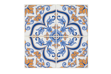 Padrão de azulejos com desenhos típicos portugueses com cores azuis e amarelas
